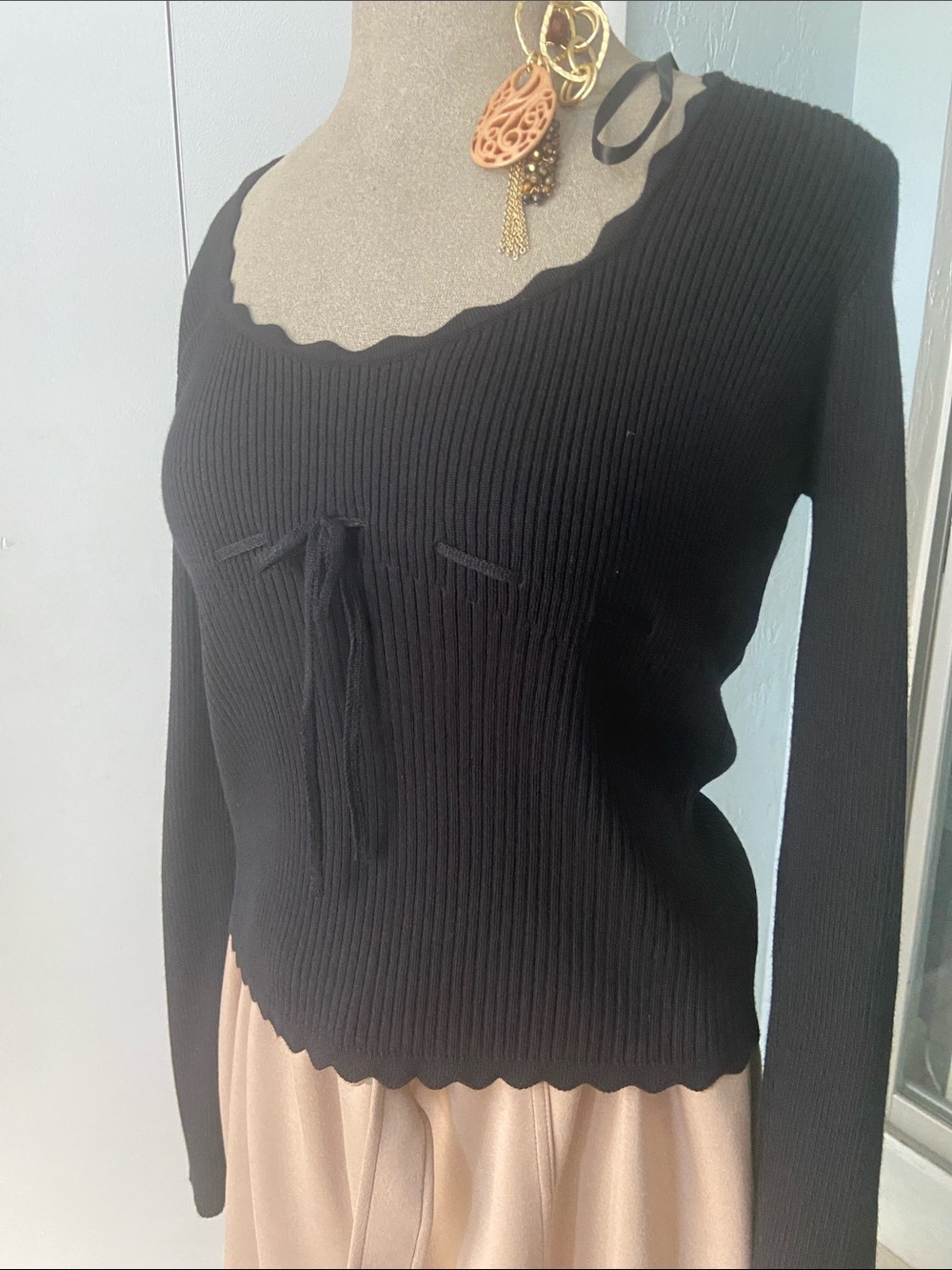 by & by Black Ribbed Long Sleeve Scoop Neck Junior Pullover with Front Tie